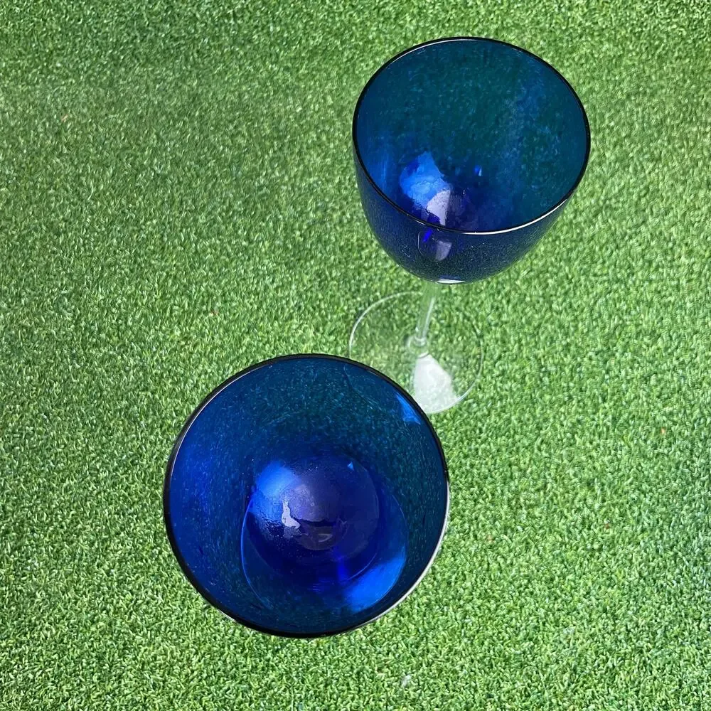 Vintage Set of 2 Hand Blown Cobalt Blue Wine Glass Clear Stems